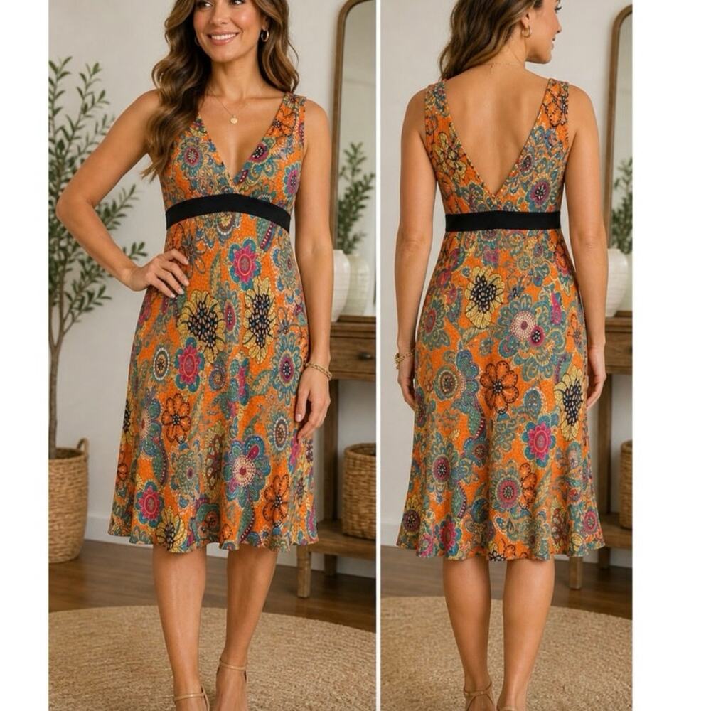 Maggy London Petite 12P 100% Silk Orange Floral Midi Dress Empire Waist Boho